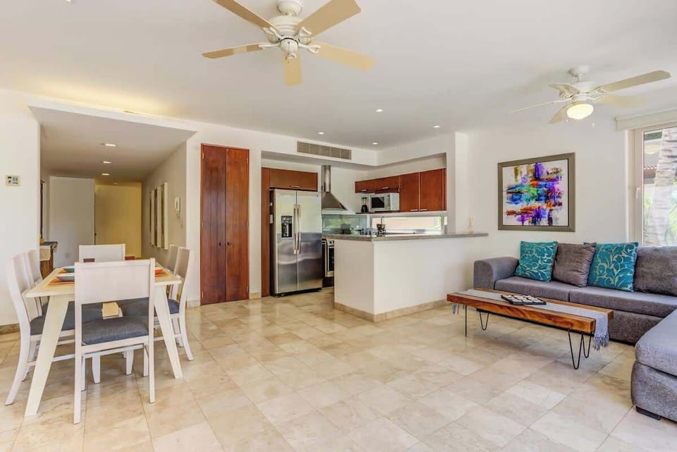 The apartment has a spacious open floor plan