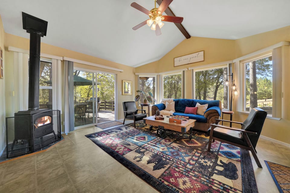 Bright Sunroom | Propane Fireplace | Scenic Views | Deck and Outdoor Access 