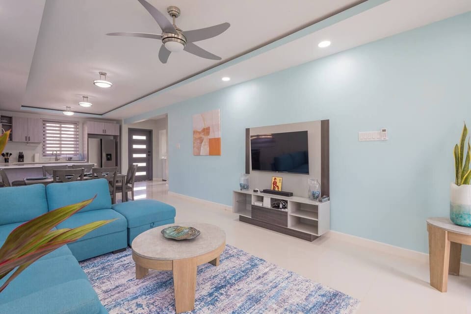 Living room and entertainment center with soundbar