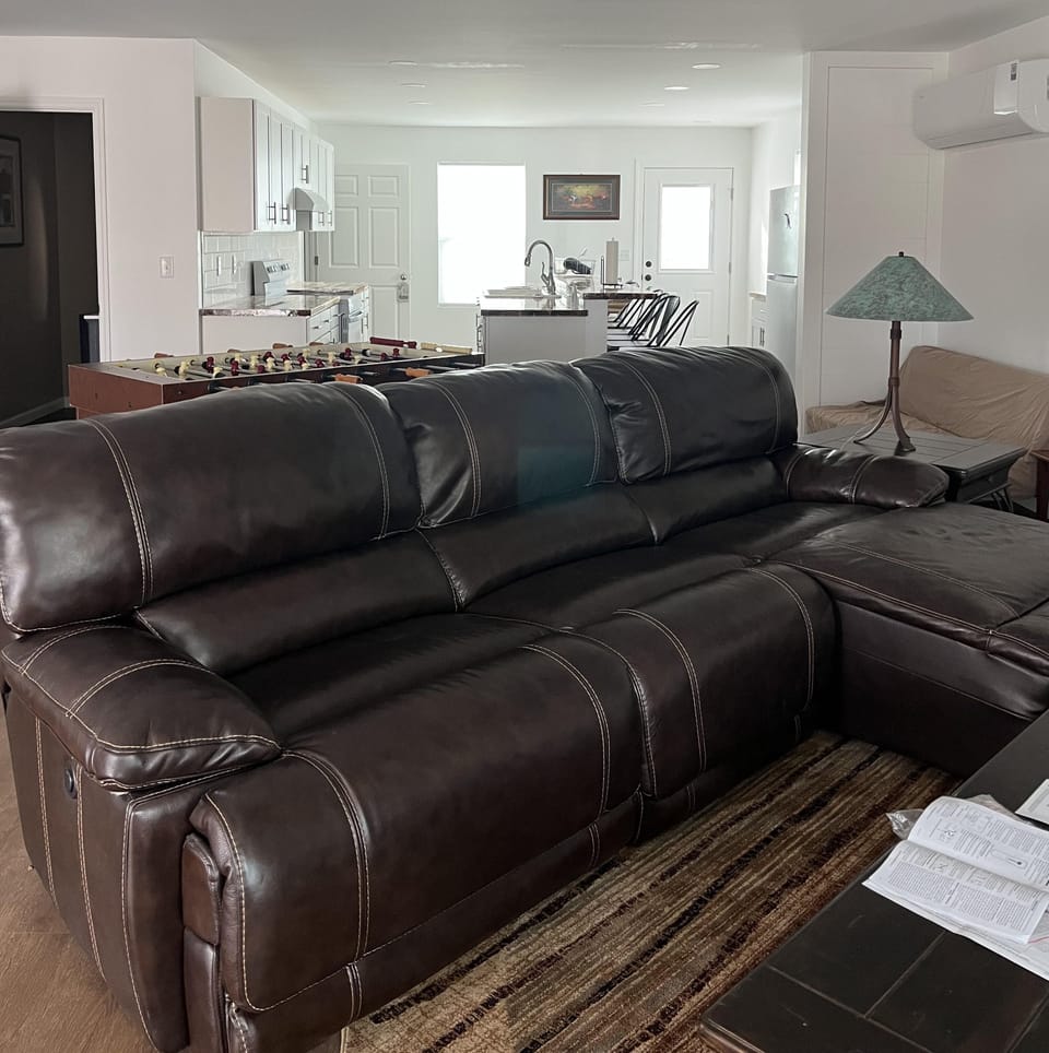 Spacious open living, cushy couch
