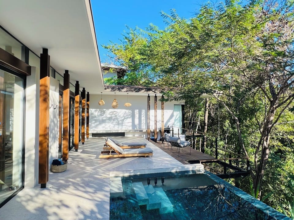 The property private terrace and pool w/ mature trees where monkeys often come