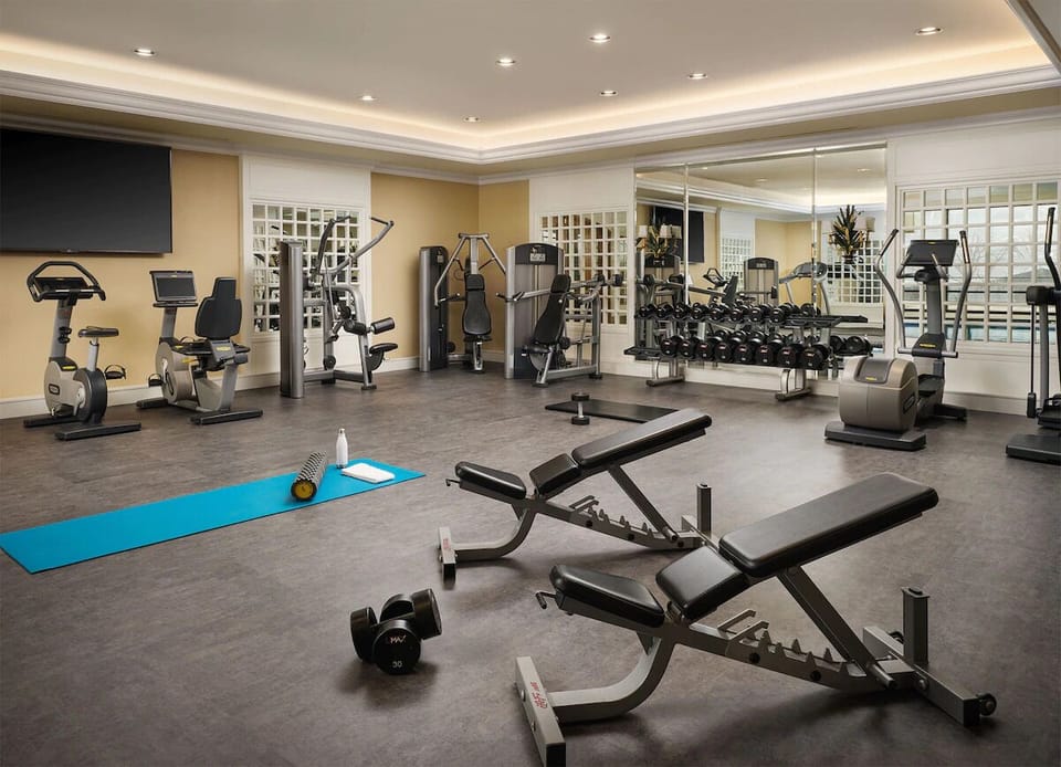 Recharge with a full workout in the bright fitness room.