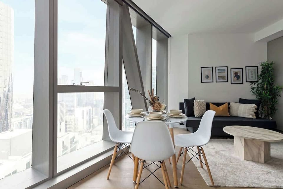 The dining area with a view of the city.