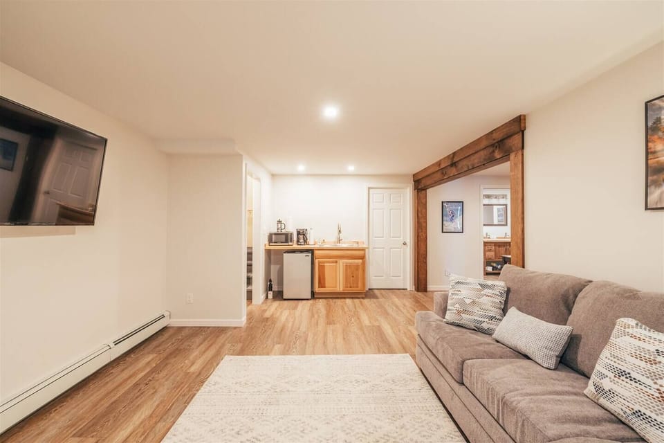 Large living area with couch, love seat, kitchenette and smart TV