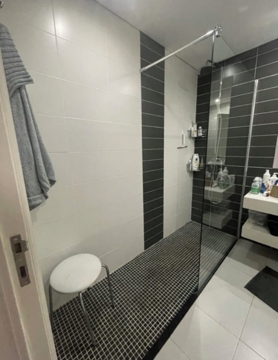 Walk in shower, toilet