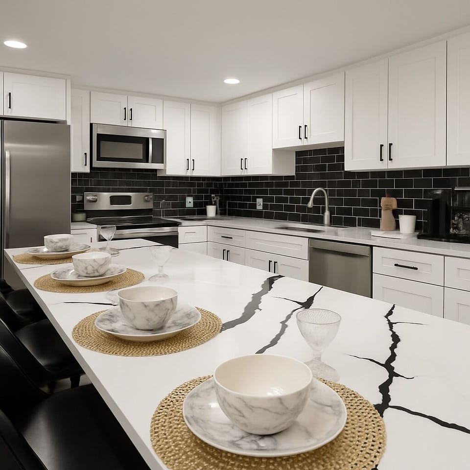 Fully Equipped Kitchen: Dishwasherm Stove, & Microwave
