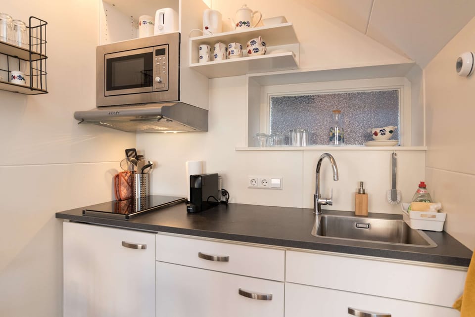 Charming small kitchen with an induction hob, microwave, oven, fridge, dishwasher, and all essentials.


