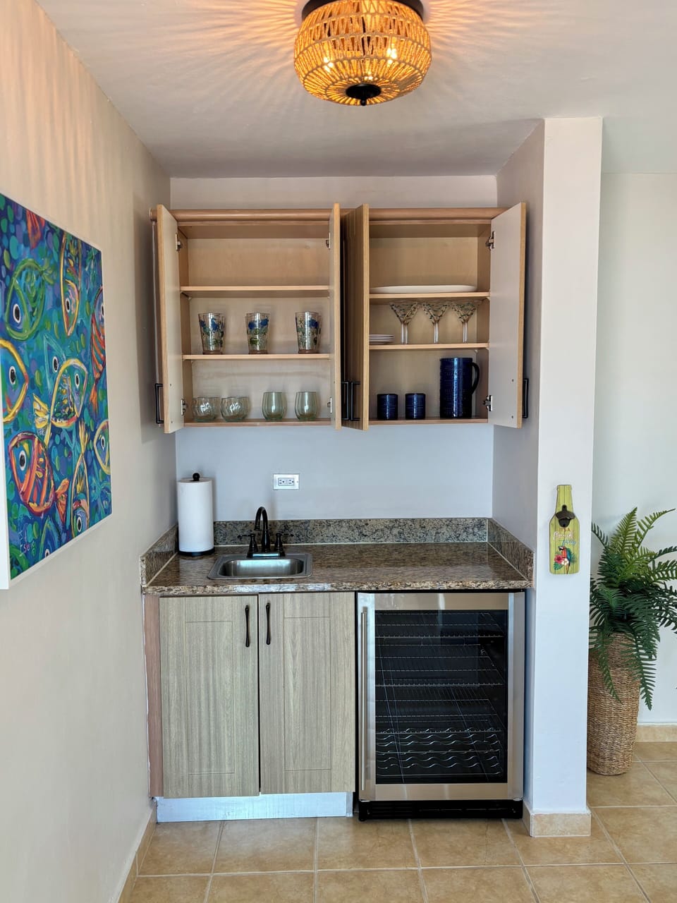 Fully stocked with drinkware and snack trays