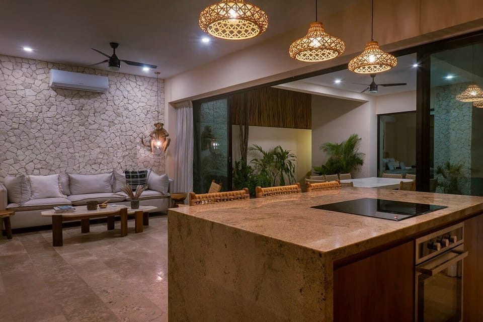 Fantastic island with three seats, connected in a single space with the living area.