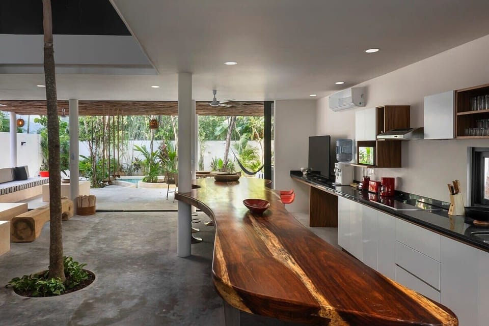 Modern and avant-garde kitchen with an imposing wooden bar. Fully equipped kitchen.