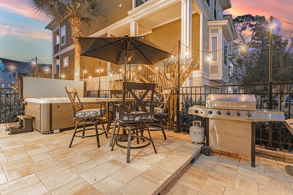 Lighted Paver Patio with Hot Tub, Dining and Grilling Area