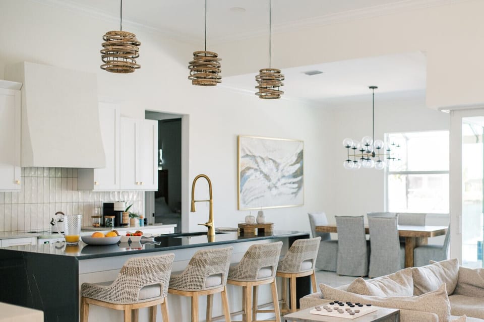 Large Gourmet Kitchen with 42` Custom Stove/Range, Seating for 10, Custom Hood, Drawer Microwave, Large Island with Waterfall Counters