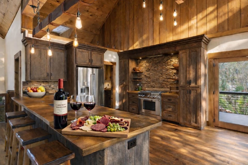 This spacious kitchen combines rustic charm with modern conveniences, making meal prep enjoyable for any occasion.