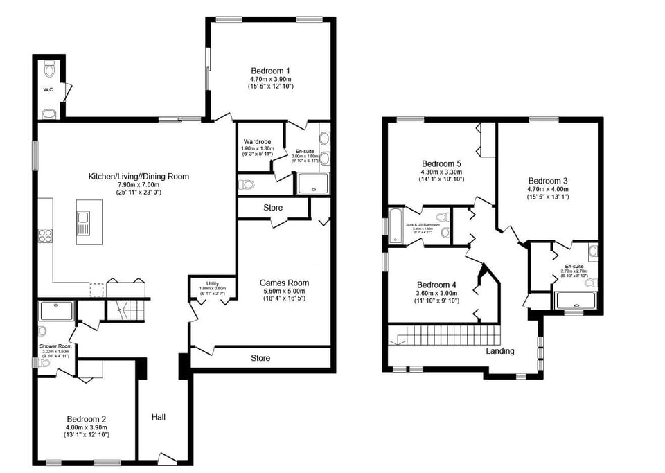 Clear layout showing 5 bedrooms, 5 bathrooms, 2 downstairs bedrooms, open-plan living, and private pool deck.