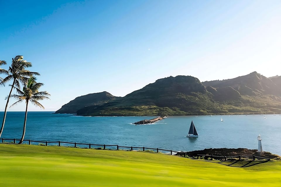 Soak in coastal scenery across lush lawns and open water.