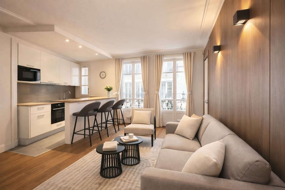 A well-designed living area with a sofa bed, combining comfort and functionality for a restful stay
