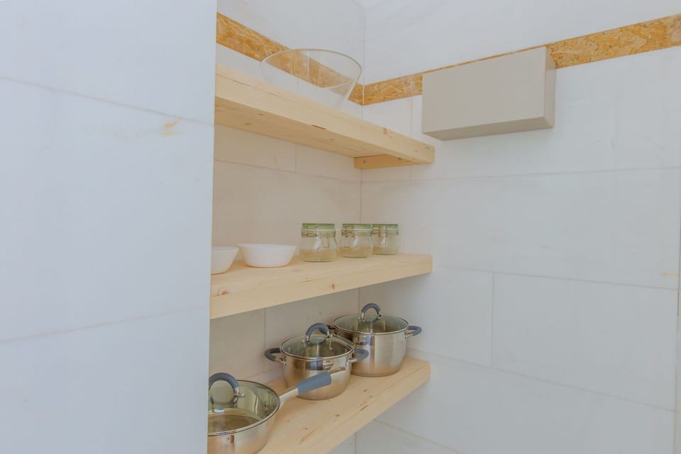 Interior Design, Shelving, Ceiling, Shelf, Natural Material, Plumbing Fixture, Plywood, Tile, Wood Stain, Countertop