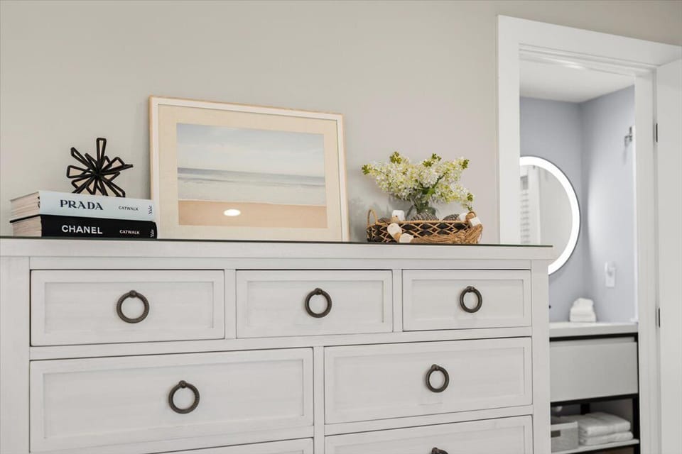 Everything is peaceful in the primary bedroom