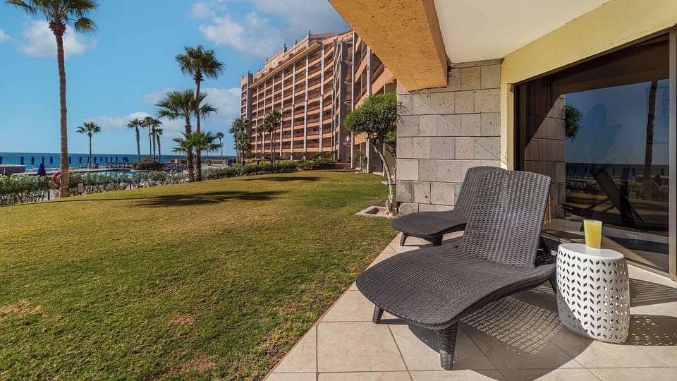 Chaise lounges on the patio.