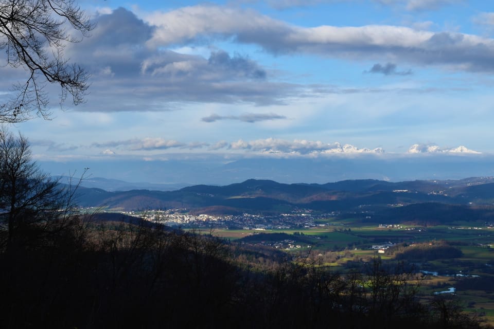 Hilly landscape around Grosuplje and the peaks of Kamnik-Savinja alps