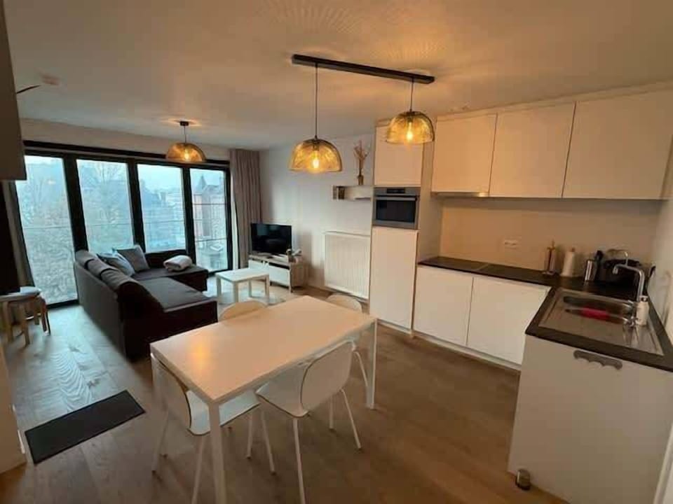Contemporary kitchen and dining space in natural light.