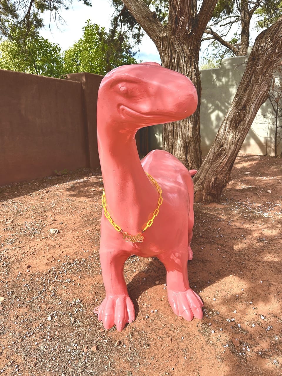 Priscilla, our 7ft dinosaur is ready for her glamor shot.  She is the perfect size to climb onto and get your own Sedona Dino pic.