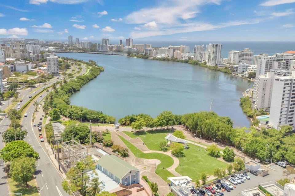 Aerial view of Condado Lagoon and Park, a short walk from the house