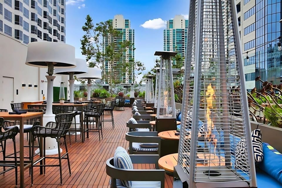 Mingle outdoors with plentiful seating and ambient heaters nearby.