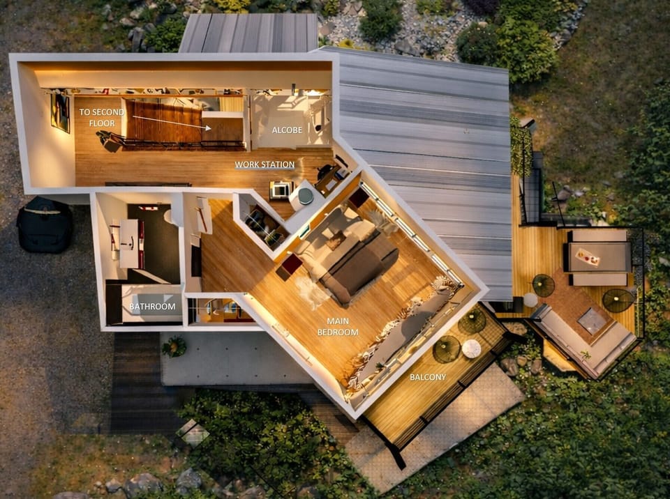 Third Floor: master suite, en-suite bath, balcony, alcove & workstation.
