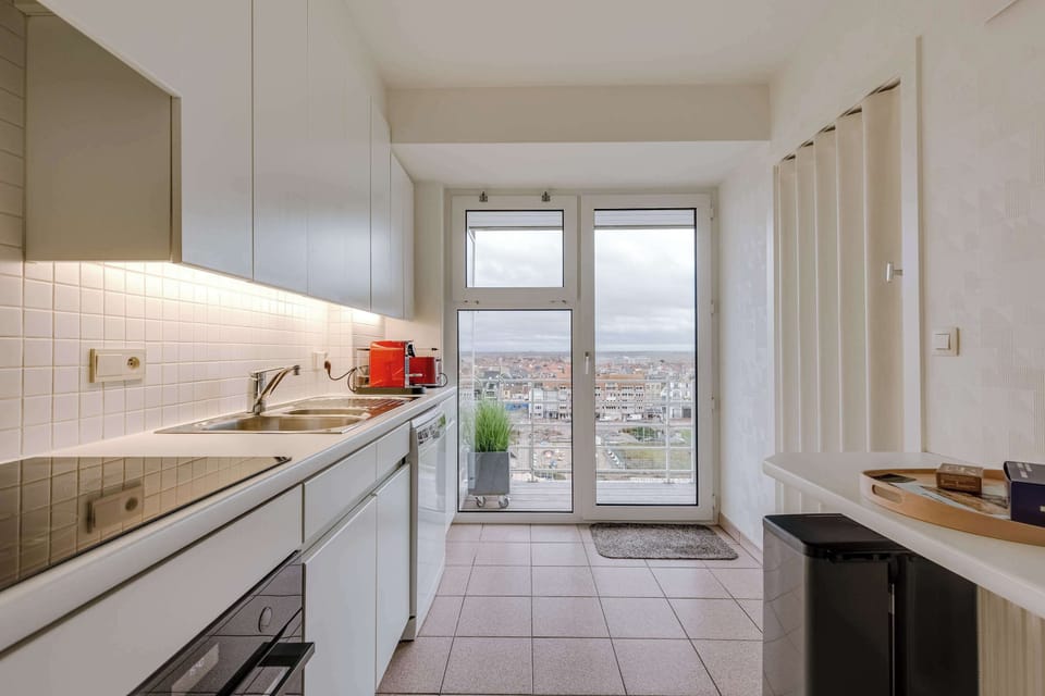 modern kitchen with city views