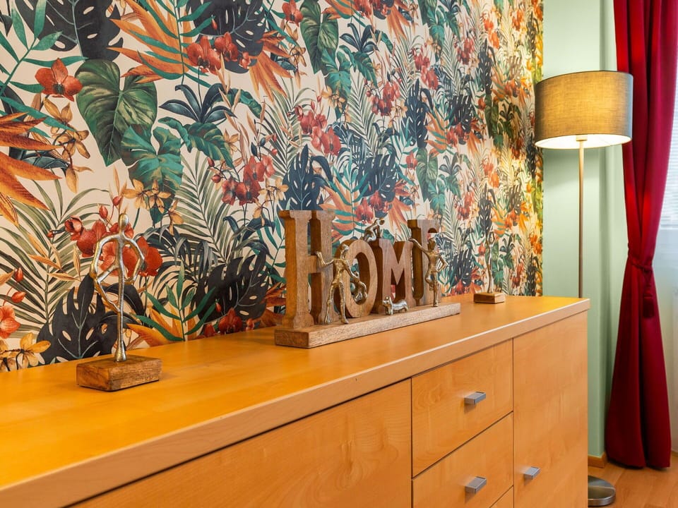Orange, Wallpaper, Mural, Natural Material, Living Room, Modern Art, Paint, Floral Design, Houseplant