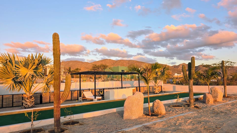 Bocce court with island and beverage center.