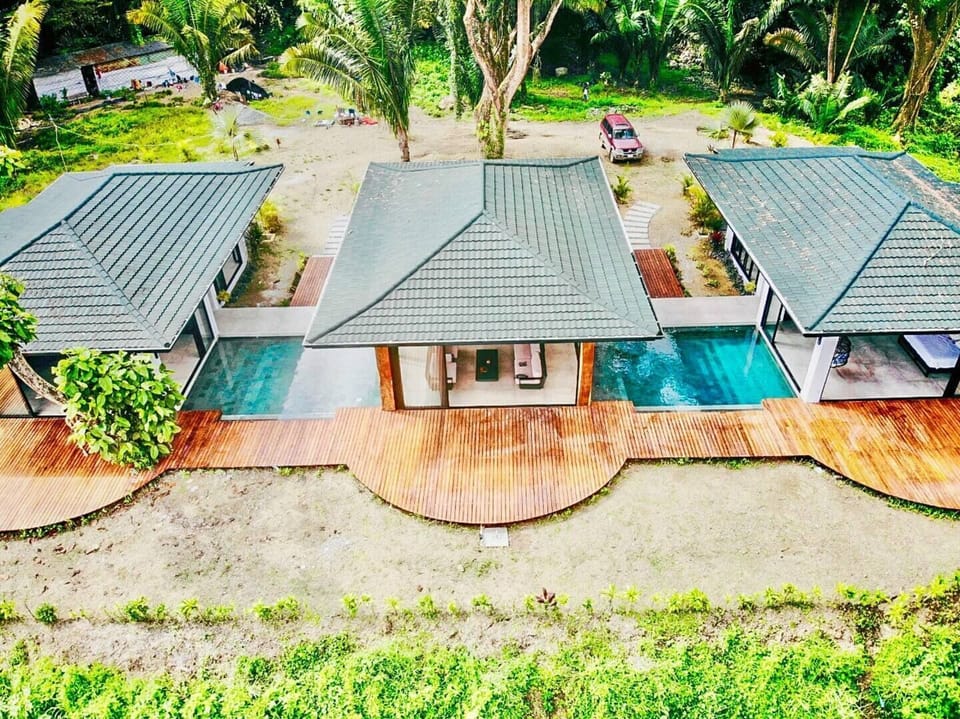 Nestled in the mountains just above Santa Teresa the home has a rare flat lot.  The recently completed  home has new landscaping not depicted in this picture.  The beautiful ocean view and jungle are the natural landscaping you will want to visit
