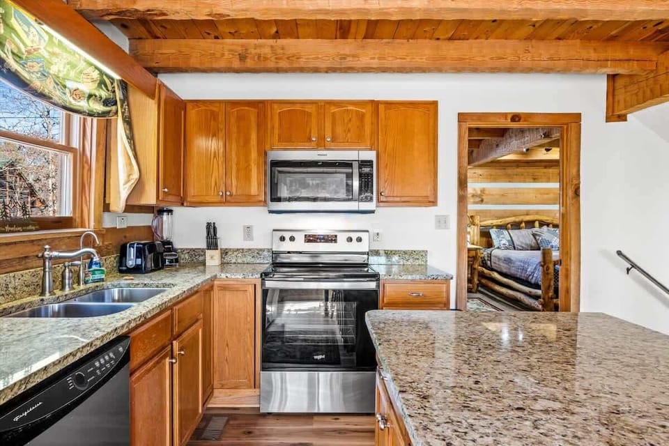 Our kitchen is well stocked with all your essentials from toaster, to microwave, crockpot, and blender. Pots and pans are new and silverware is clean and sufficient for families. Come ready to cook up a storm!