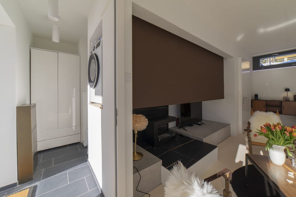 Modern living area with a wood-burning stove