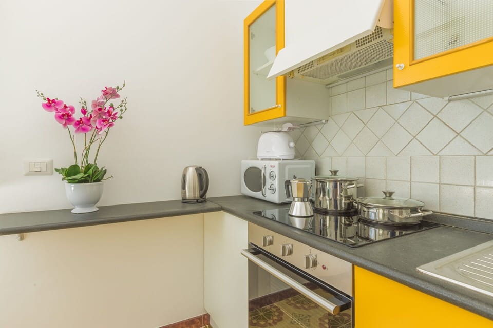 Kitchen, Countertop, Kitchen Appliance, Major Appliance, Interior Design, Yellow, Wood, Furniture, Flooring, Cabinetry