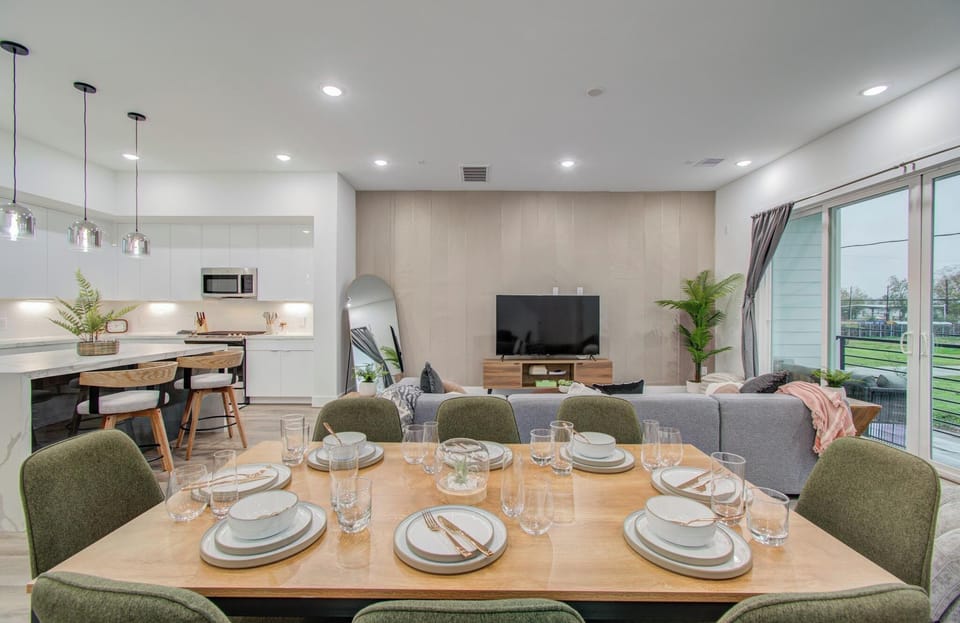 View of the living room and kitchen from the dining area