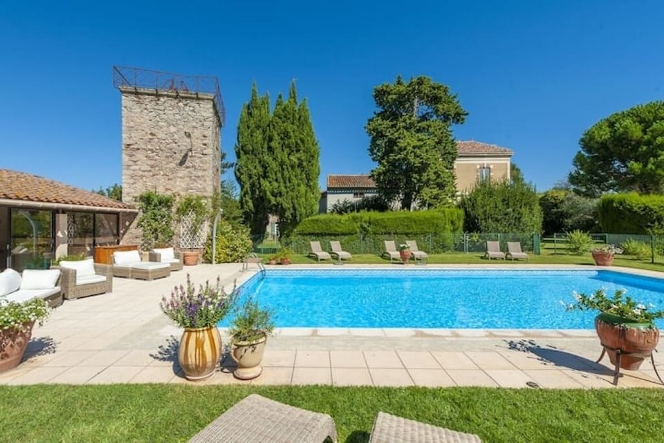 Salt water swimming pool and pool house