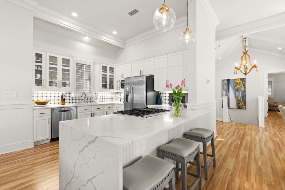 Updated kitchen is stylish and well-stocked