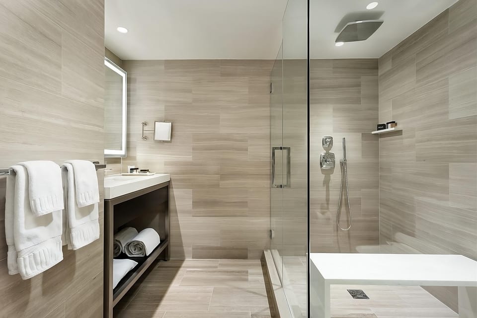 Refresh in a spa-style glass shower with modern finishes.