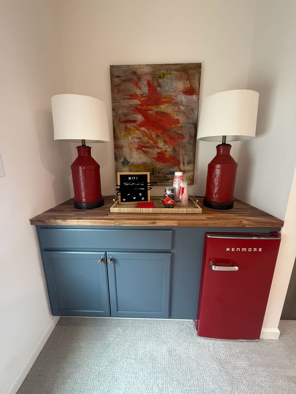 Landing area dry bar + mini fridge
