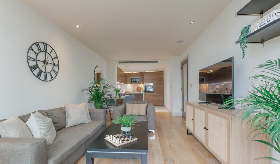 The apartment benefits from an open planned living space