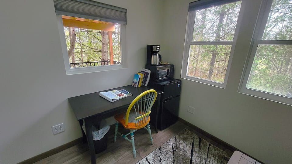 Cabin #1 desk, fridge, microwave and coffee pot