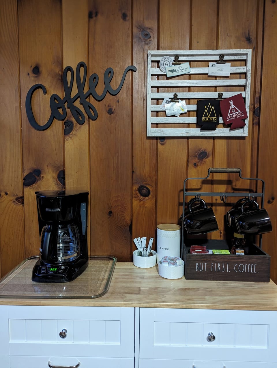 Fully stocked coffee, tea and coco bar.