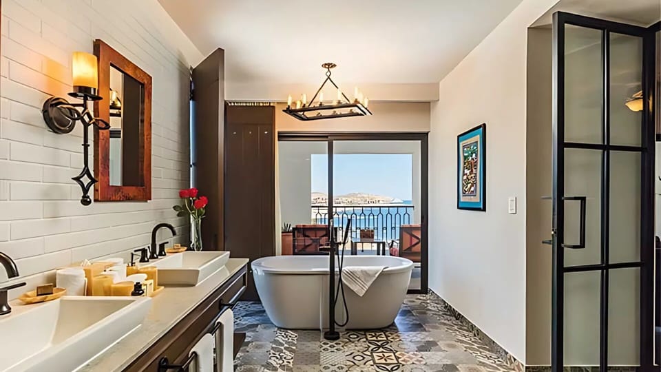Luxury bath with ocean views at Vista Encantada – spa-style indulgence. 







