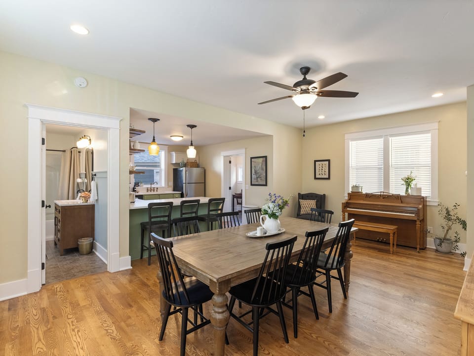 Dining room, kitchen and downstairs bath.