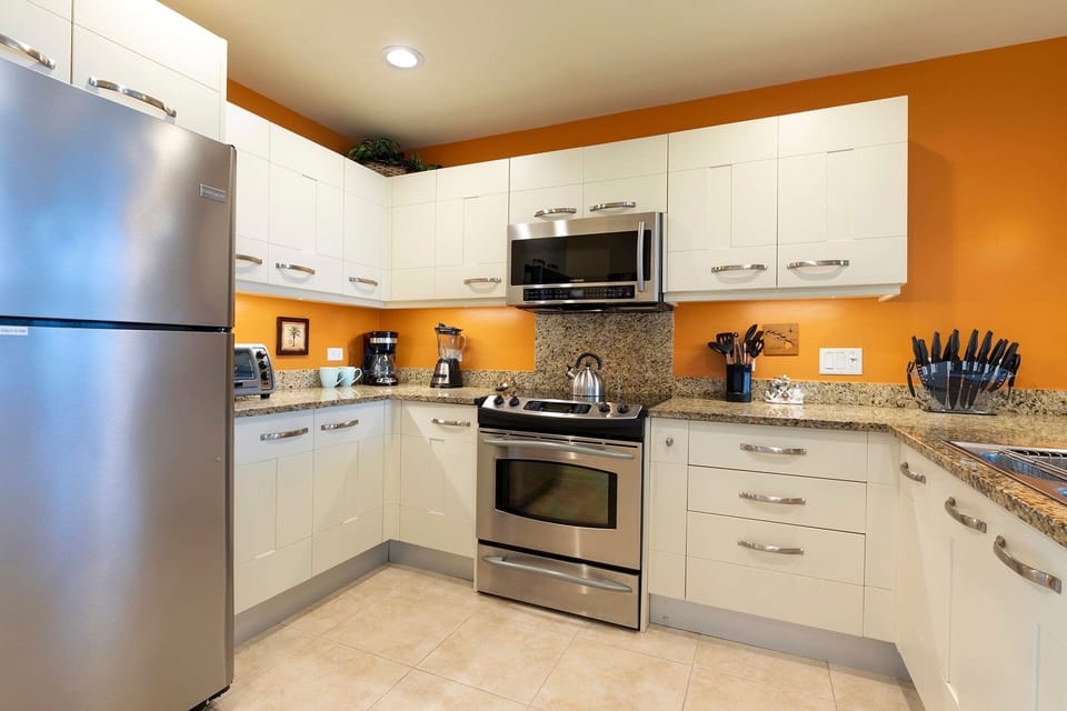 Full kitchen with stainless-steel appliances