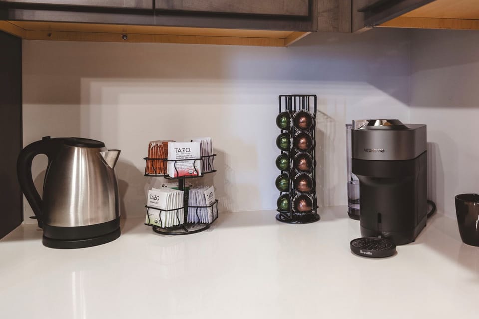 Nespresso and pods and quality tea provided.