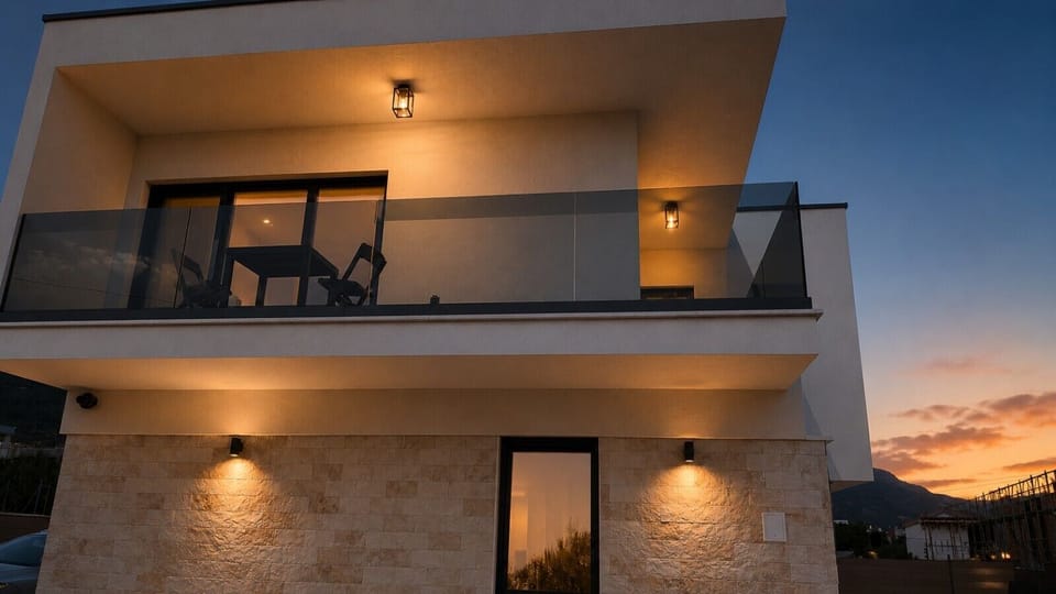 Balcony Facade Glowing at Dusk
