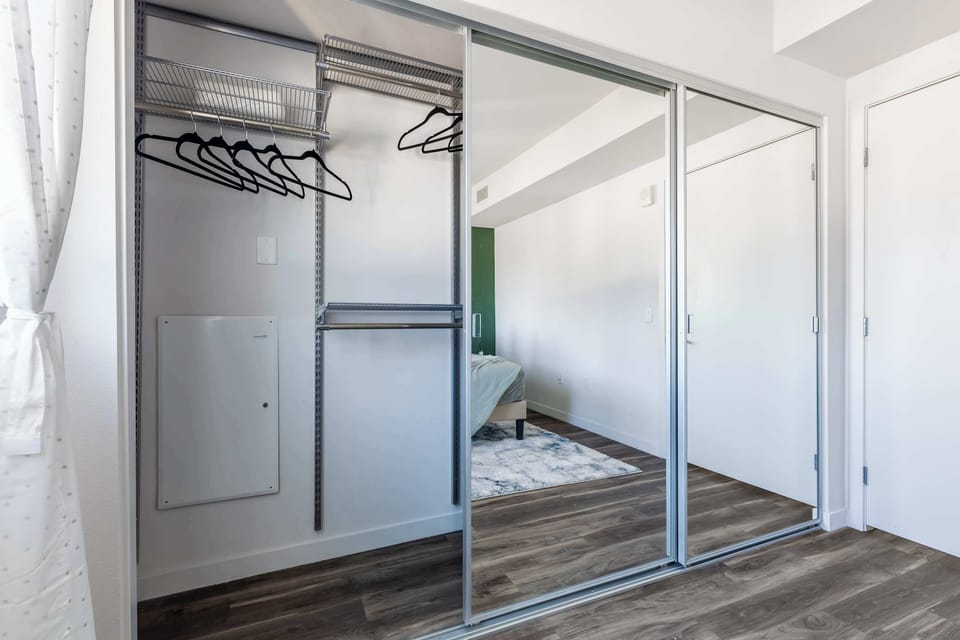 Spacious mirrored closet provides generous storage and reflects abundant natural light.